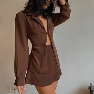 Rumours brown satin skirt and blouse two piece set size small